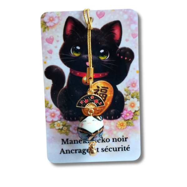 Strap porte-bonheur Maneki Neko noir – Éventail japonais