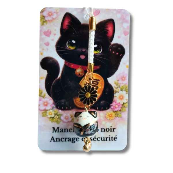 Strap porte-bonheur Maneki Neko noir – Fleur marguerite