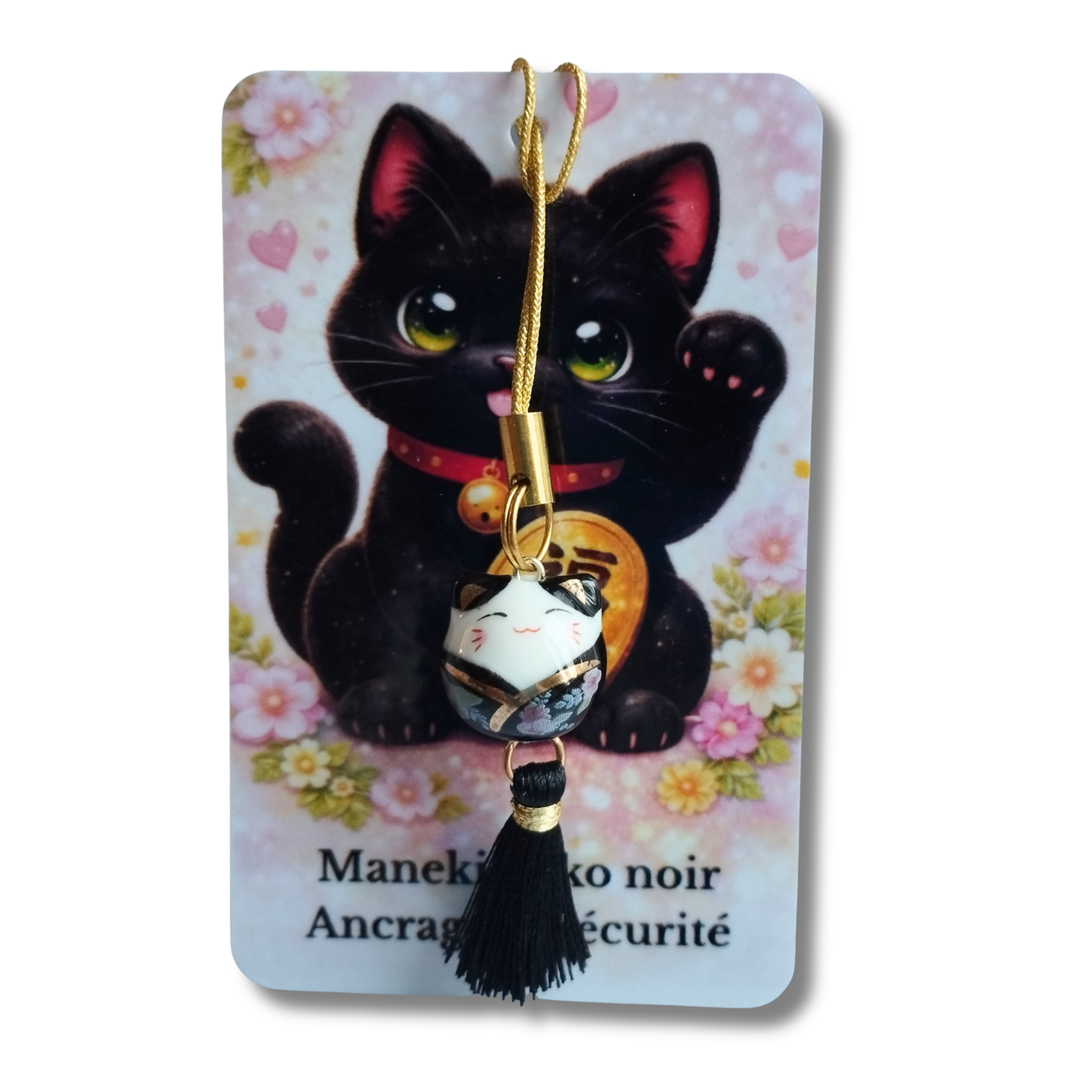 Maneki Neko noir – Porte-bonheur japonais à suspendre – Ancrage et sécurité
