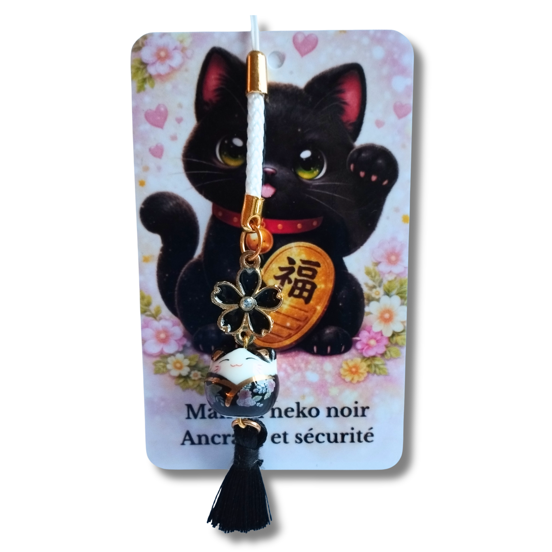 Strap porte-bonheur Maneki Neko noir – Fleur Sakura et pompon