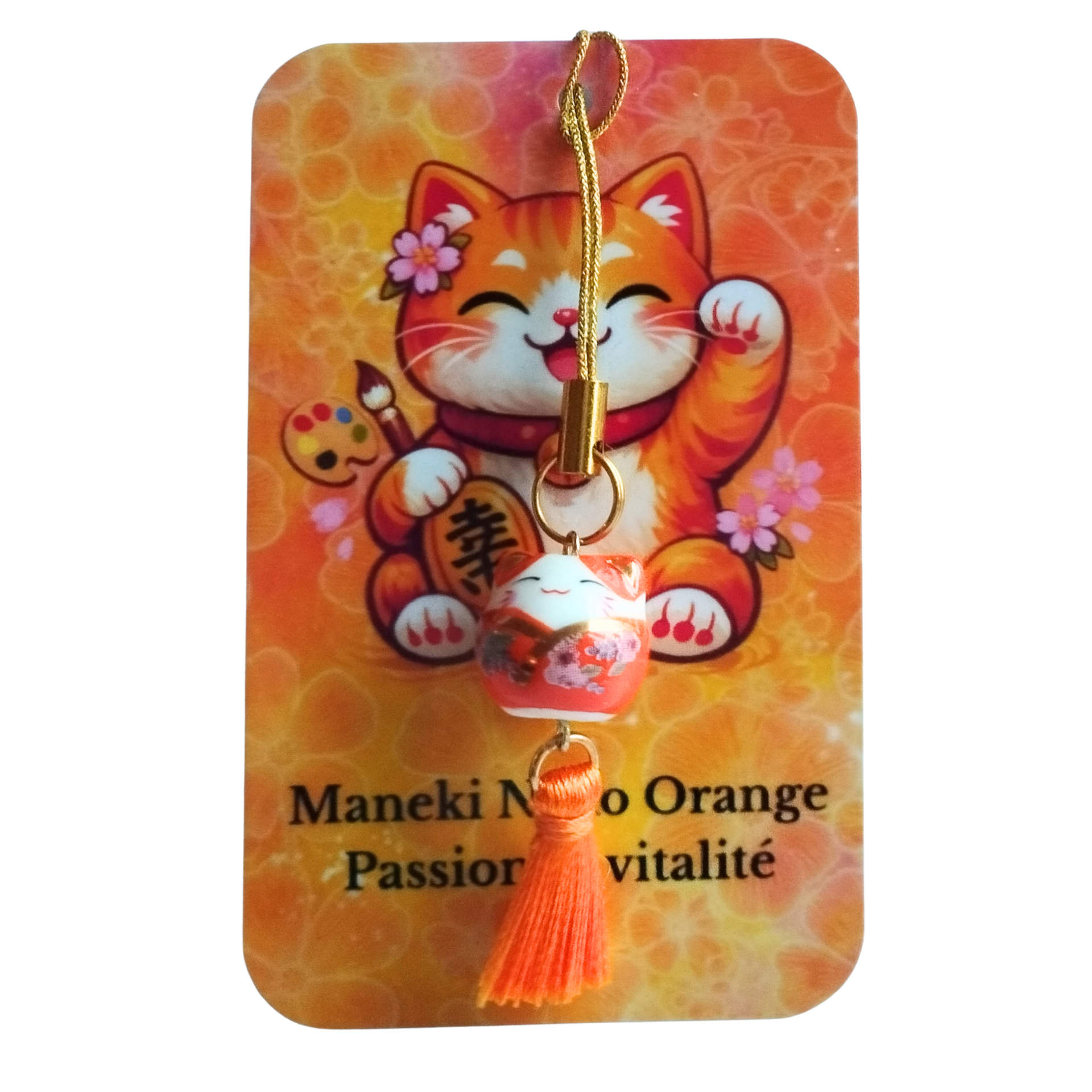 Strap porte-bonheur Maneki Neko orange – Pompon orange