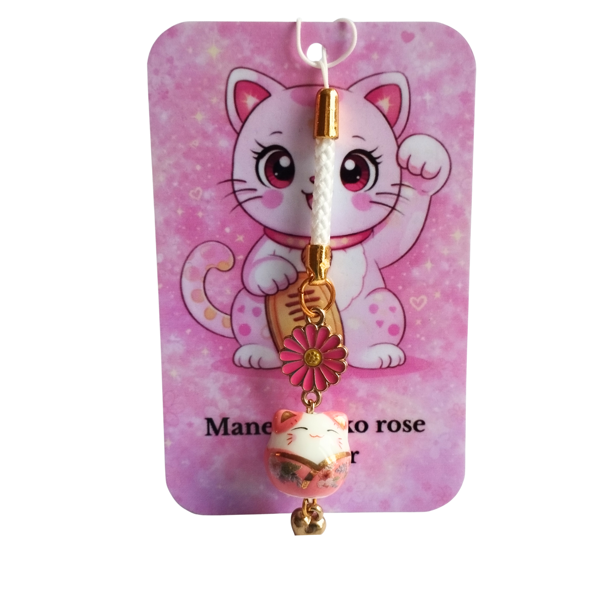 Strap porte-bonheur Maneki Neko rose – Fleur marguerite