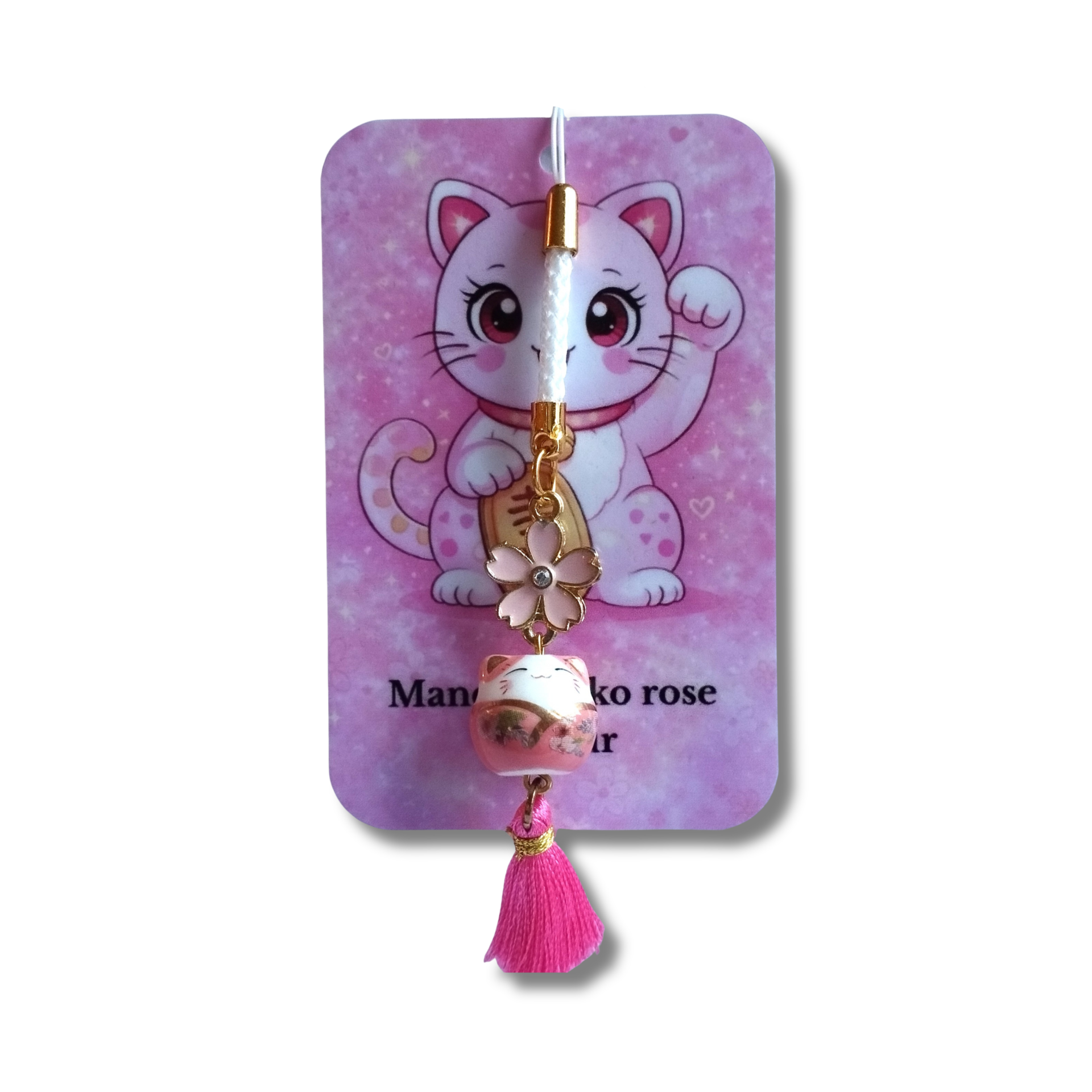 Strap porte-bonheur Maneki Neko rose – Fleur Sakura et pompon