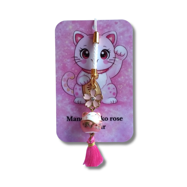 Strap porte-bonheur Maneki Neko rose – Fleur Sakura et pompon