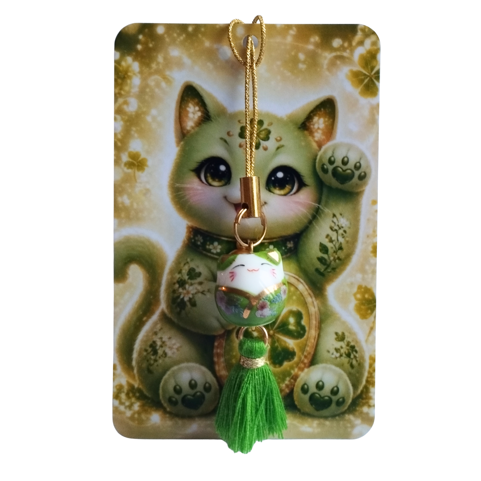 Strap porte-bonheur Maneki Neko vert – Pompon vert