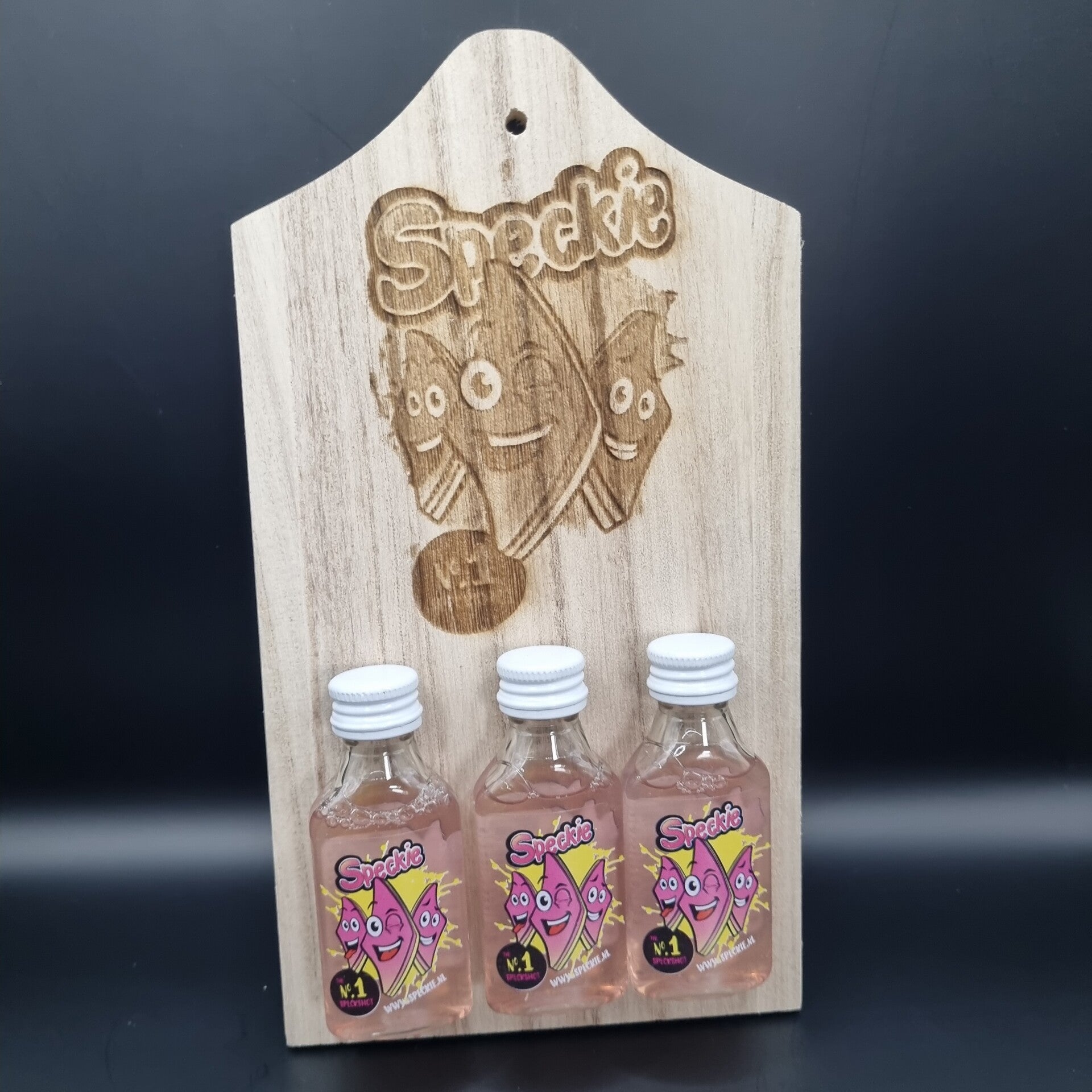 Shotjes Plank met Speckie gravure en 3 flesjes Speckie