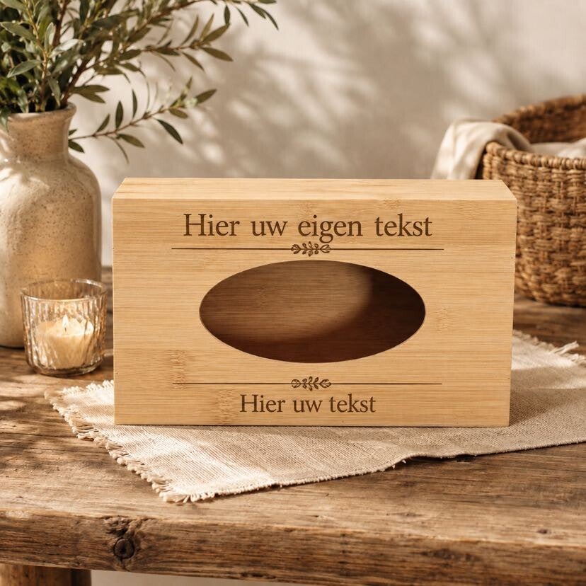 Gegraveerde tissuebox houder met eigen tekst