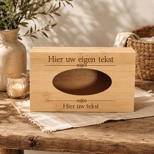 Gegraveerde tissuebox houder met eigen tekst