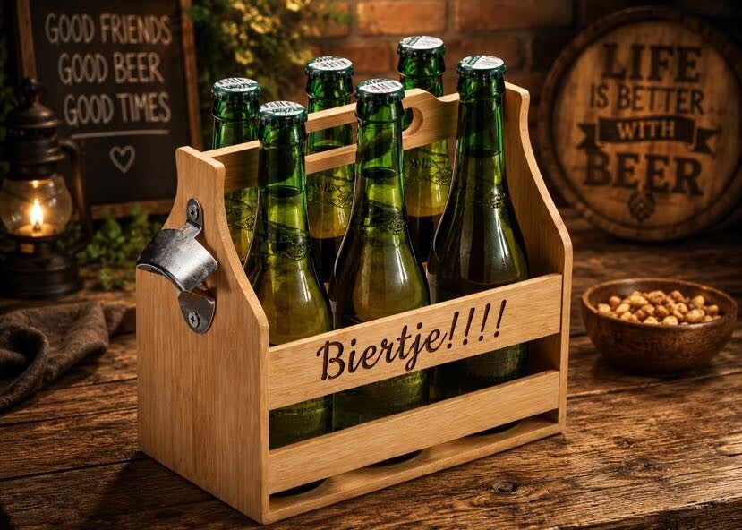 Houten bierkrat voor 6 flesjes bier inclusief opener