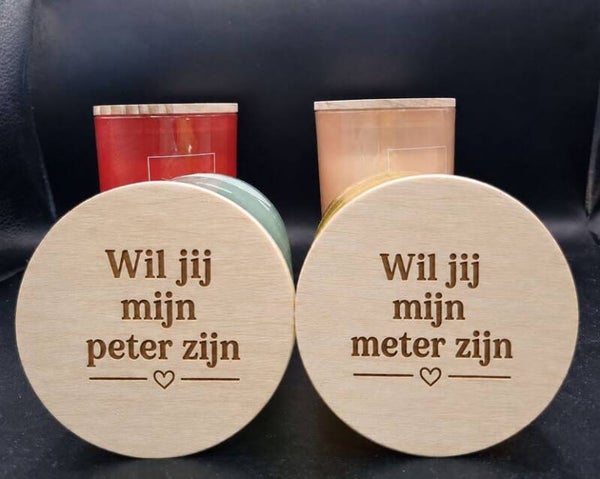 Gegraveerde geurkaars wil jij  mijn meter of peter zijn