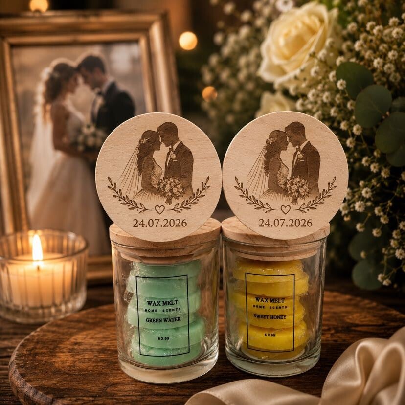 Gegraveerde glazen pot met 6 waxmelts in diverse geuren