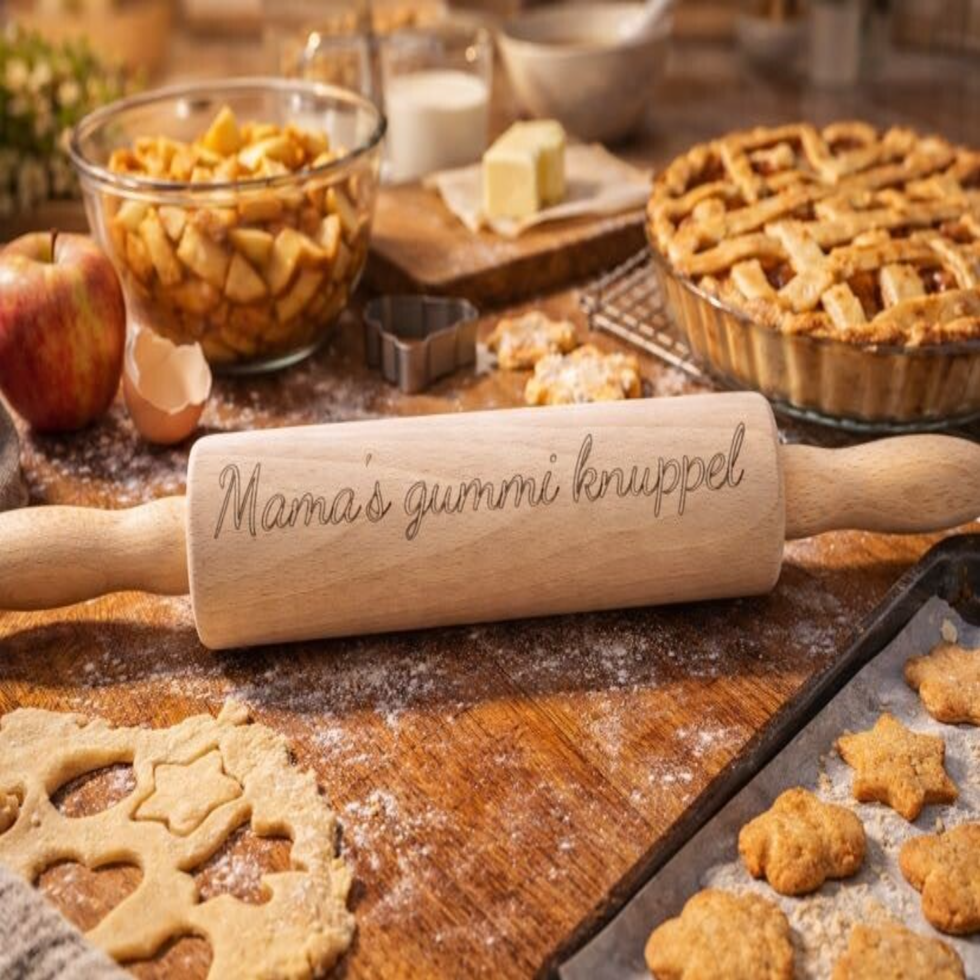 Gegraveerde deegroller – "mama's gummiknuppel"