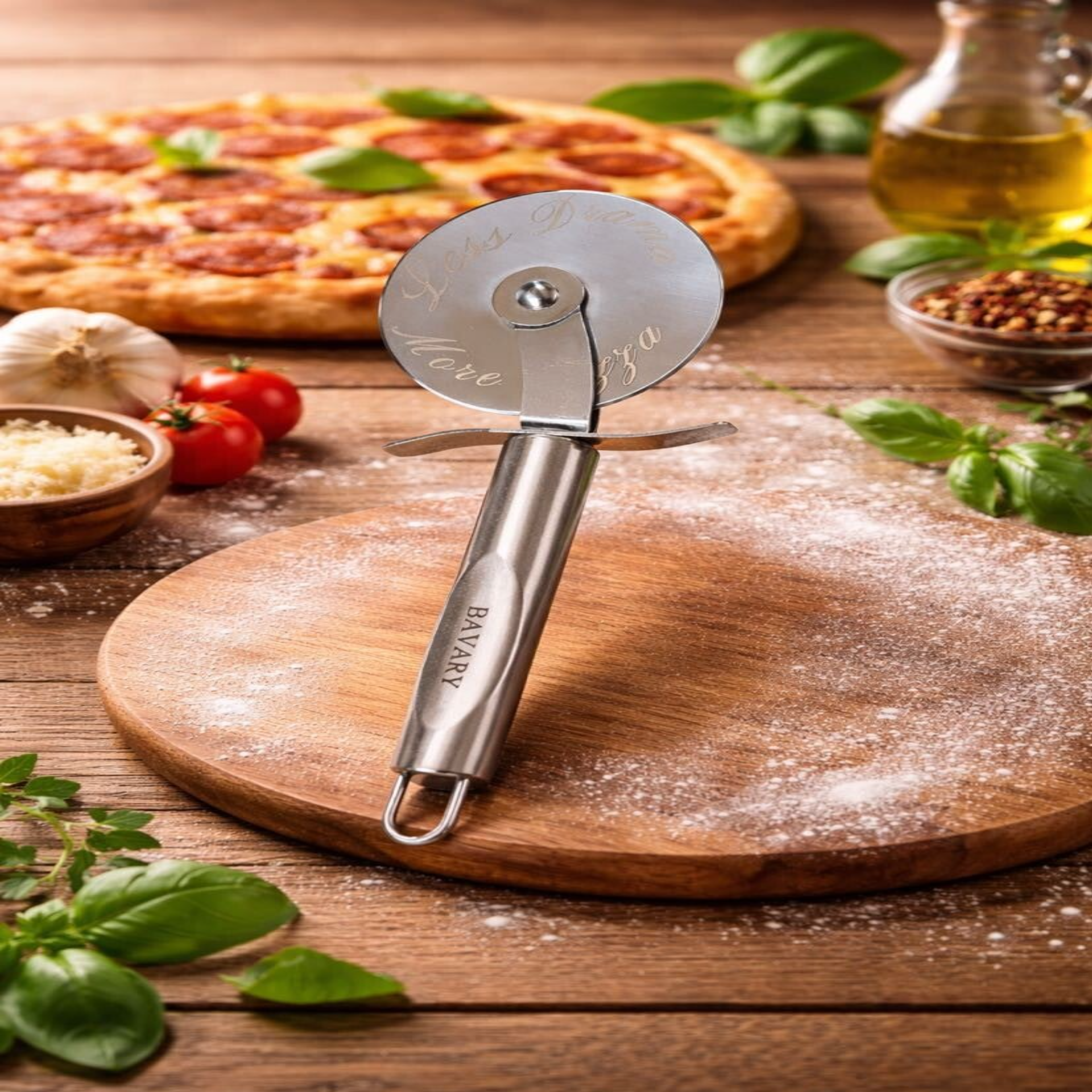 Gegraveerde pizzasnijder "Les drama more pizza"