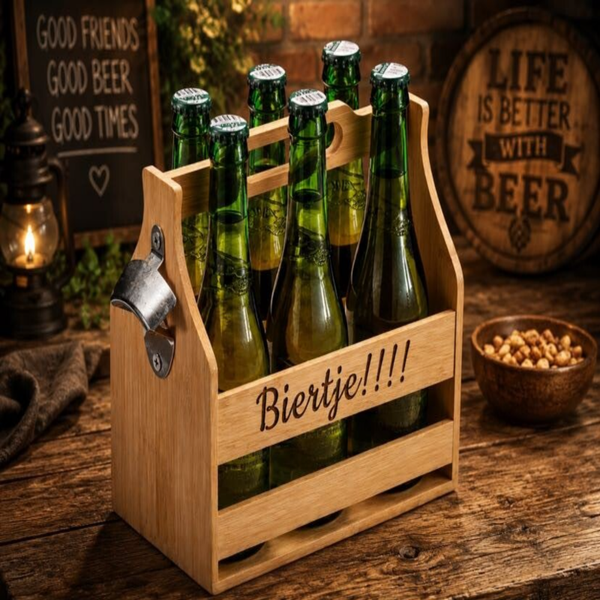 Houten bierkrat voor 6 flesjes bier inclusief opener