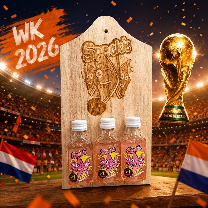 WK Shotjes Plank met Speckie gravure en 3 flesjes Speckie