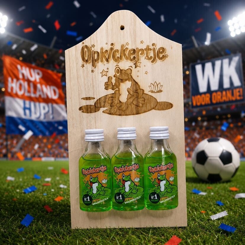 WK Shotjes Plank met Opkickertje gravure en 3 flesjes Opkickertjes Frog shots