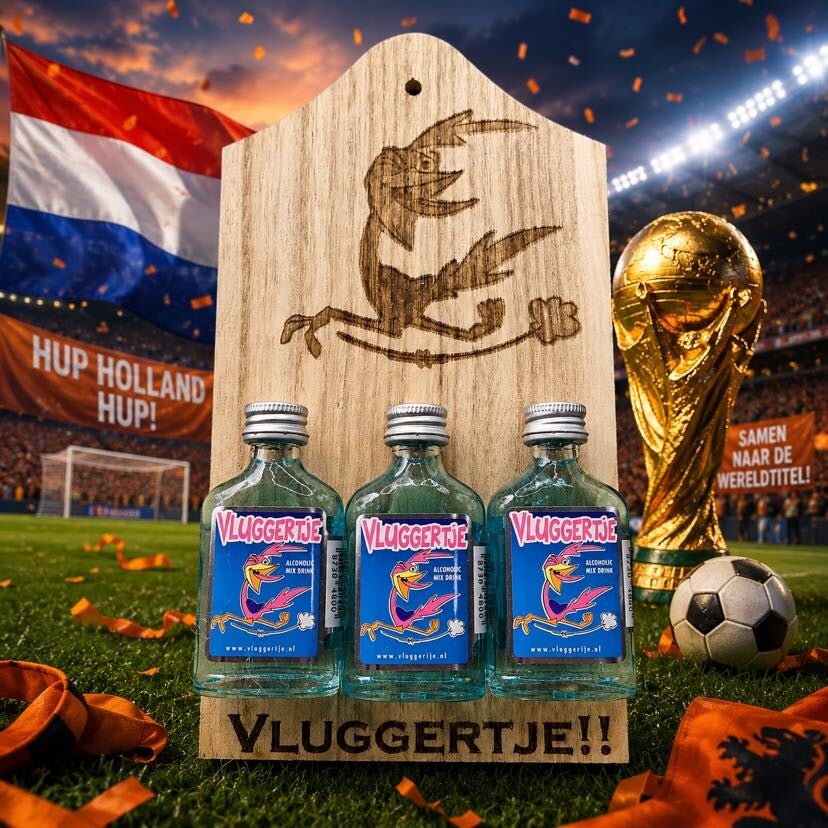 WK Shotjes Plank met Vluggertje gravure en 3 flesjes Vluggertjes