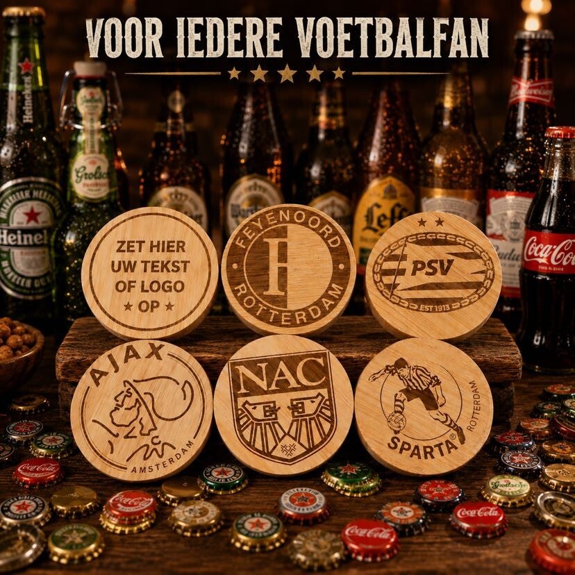 Houten magnetische bieropener met afbeelding voetbalclub