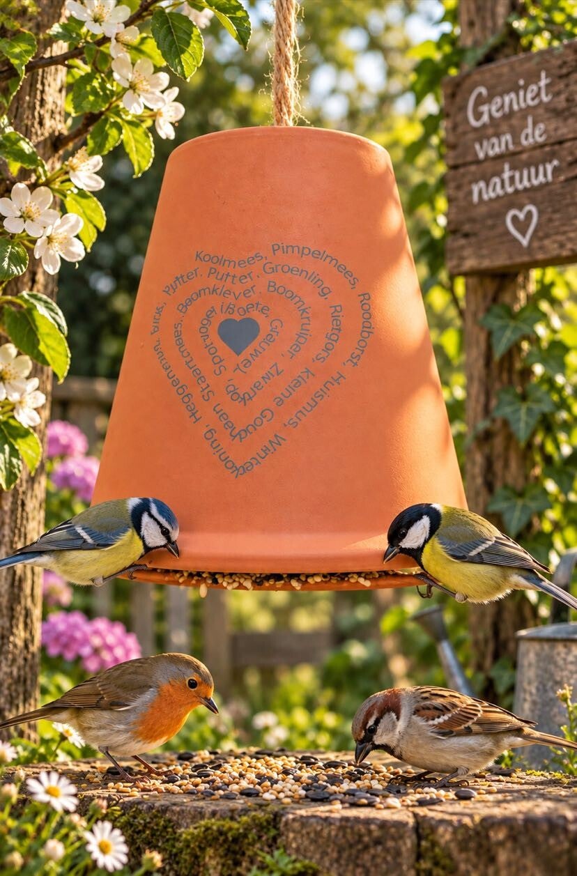 Terracotta Vogelvoerpot met Gravure – Vogelvoer met Noten & Zonnebloempitten
