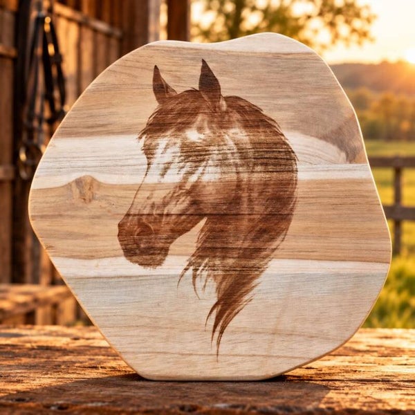 Gegraveerde plank van teakhout met de afbeelding van een paard