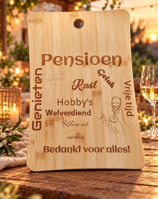 Gegraveerde Borrelplank voor Afscheid en Pensioen