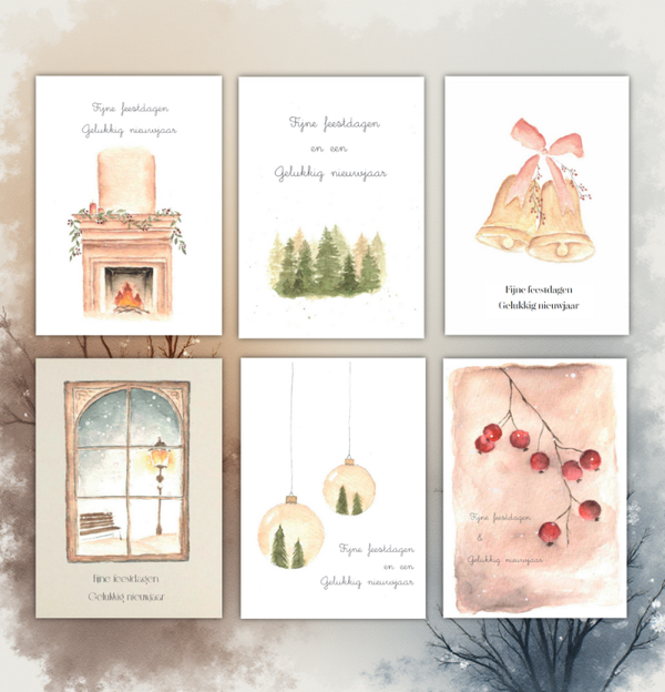 Bundel ‘Fijne Feestdagen & Gelukkig Nieuwjaar’ – Set van 5 kaarten