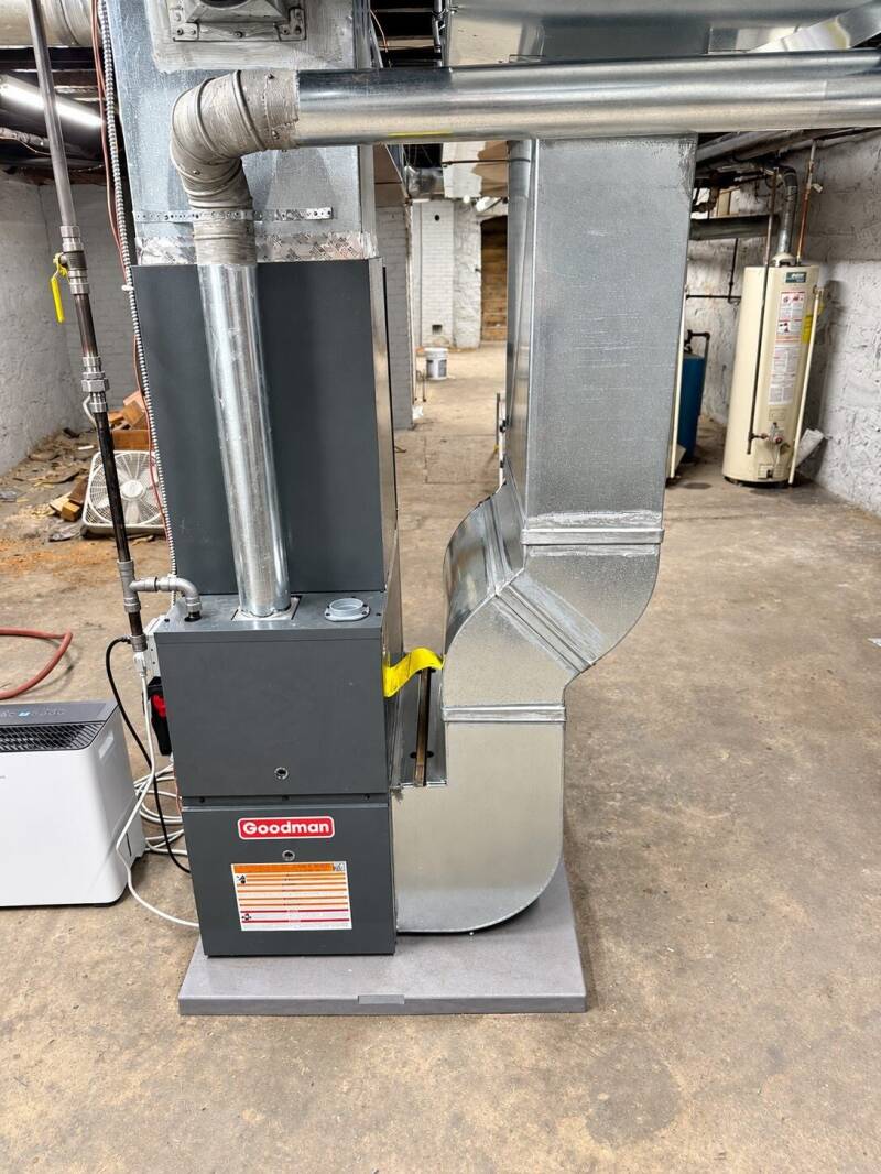 Goodman furnace and sheet-metal ductwork installed by Skye Heating & Air Conditioning
