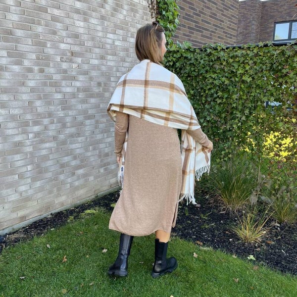 Sjaal geruit, off-white met camel