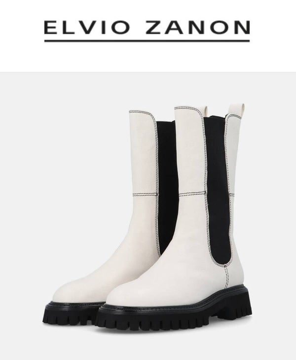 Lederen laars, halflang, off-white combi zwart