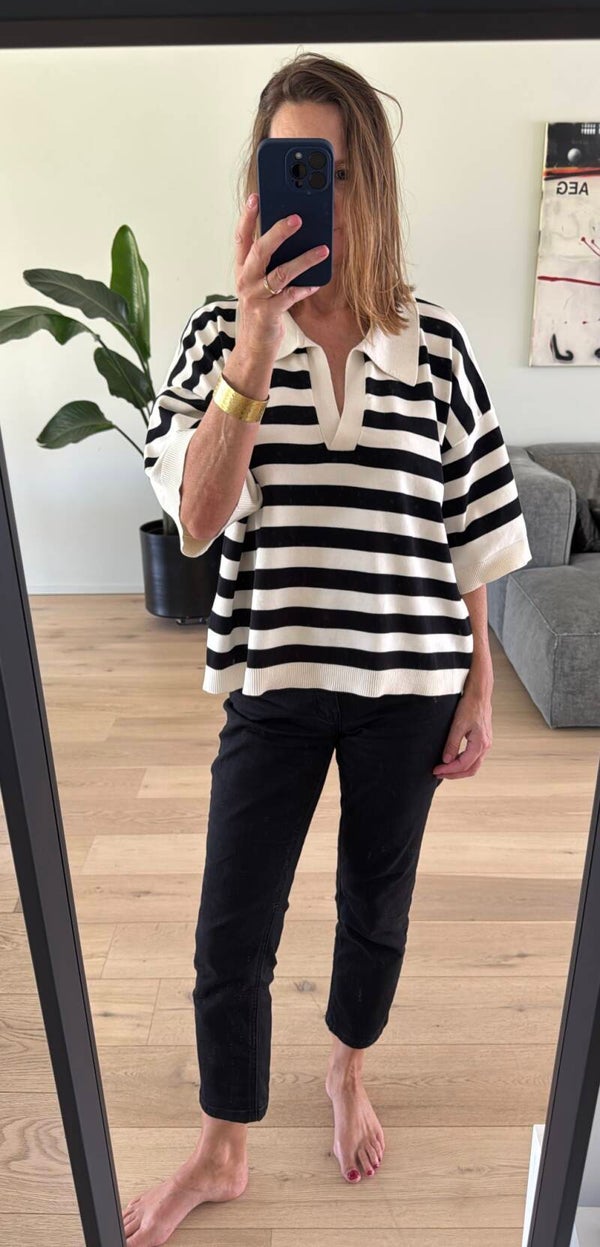 Alli GZ polo pullover, black/ivory stripe