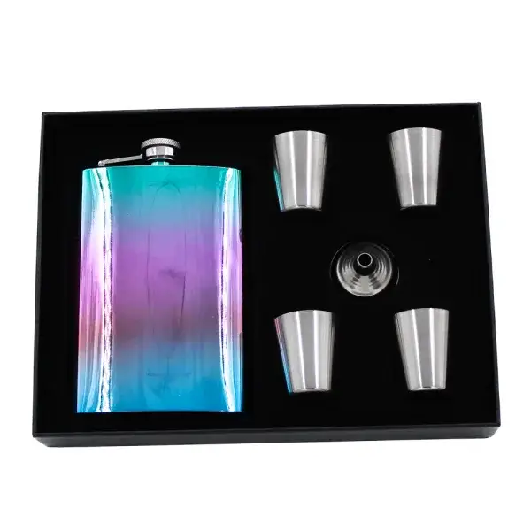 Iridescent hip flask gift set