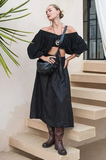 'Cancun' Linen Skirt - Black