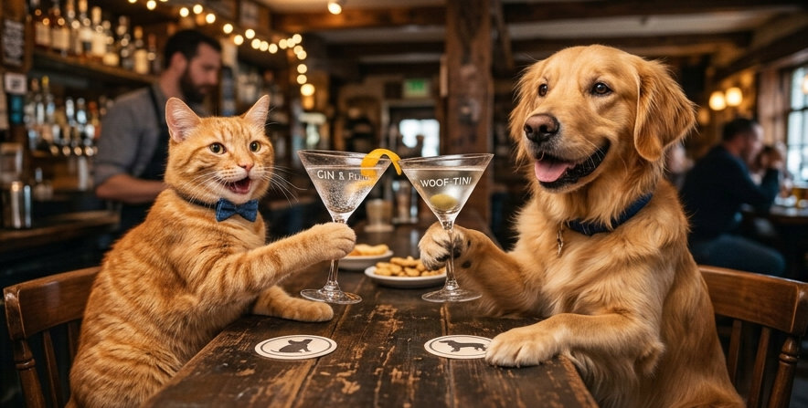 Cat and dog in a bar drinking toasting a good job with martini glasses.