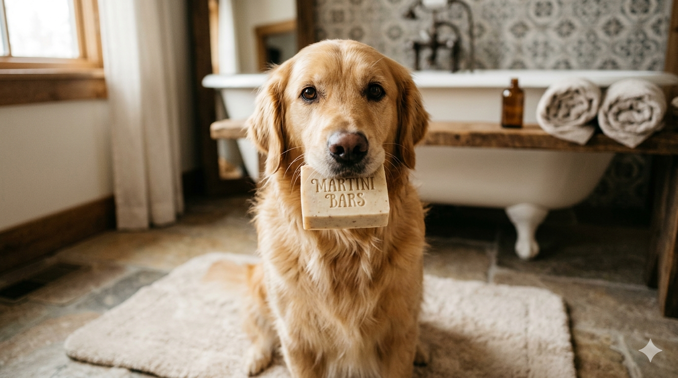 Golden Retriever in front of an old claw foot tub with a bar of Martini Bars Handmade soaps in his mouth.  Smells so good he had to taste!