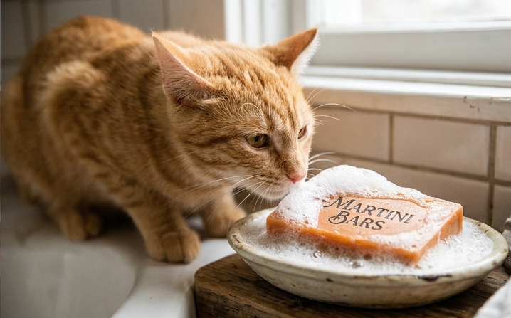 Orange cat in bathroom smelling a sudsy bar of Martini Bars Handmade Soap!
