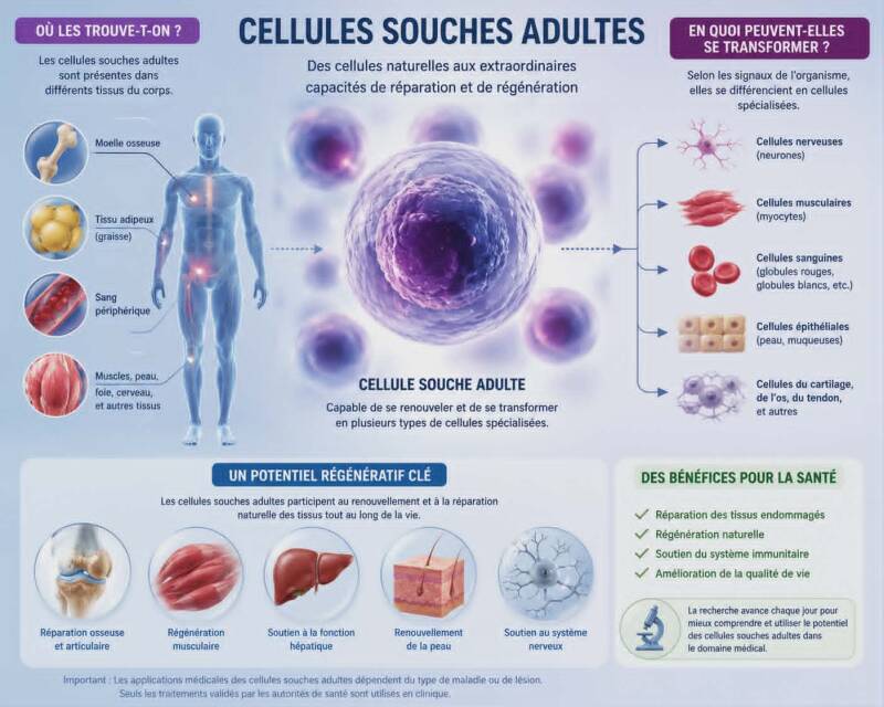 « Découvrez le potentiel remarquable des cellules souches adultes : elles participent naturellement à la réparation et à la régénération de nombreux tissus du corps, au cœur des mécanismes de renouvellement de l'organisme. »