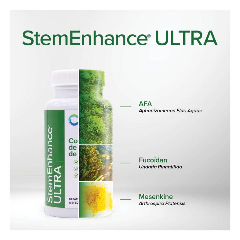 StemEnhance ULTRA es una mezcla clínicamente probada de dos extractos patentados por Cerule; StemEnhance de AFA y Mesenkine de Spirulina, así como Fucoïdan.  Estos 3 ingredientes trabajan en sinergia para apoyar la liberación de sus células madre adultas.