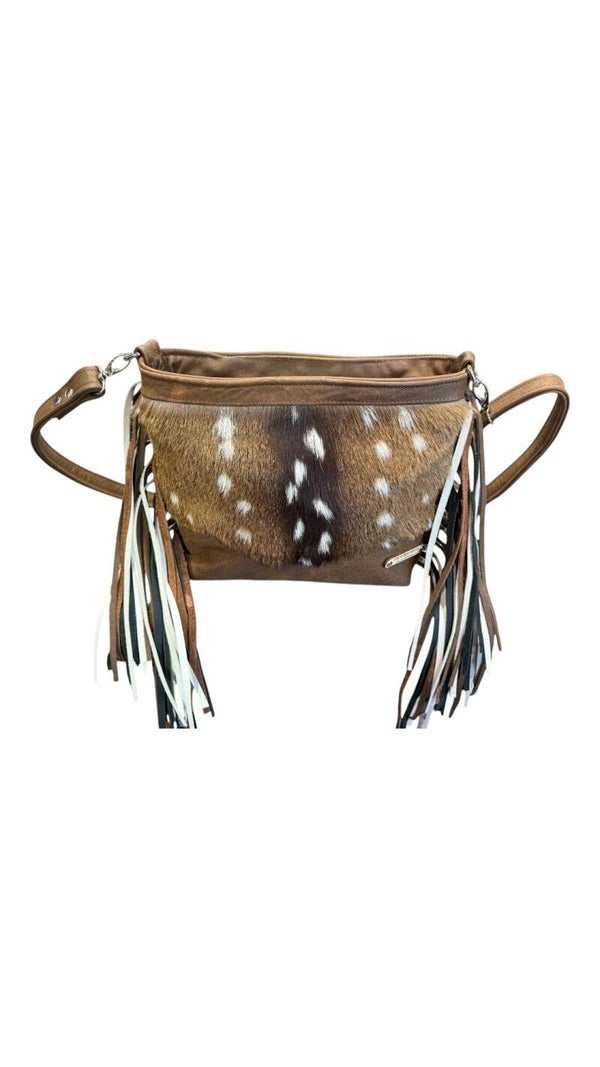 Handcrafted Tri Color Fringe Axis and Leather Concealed Carry Crossbody Bag