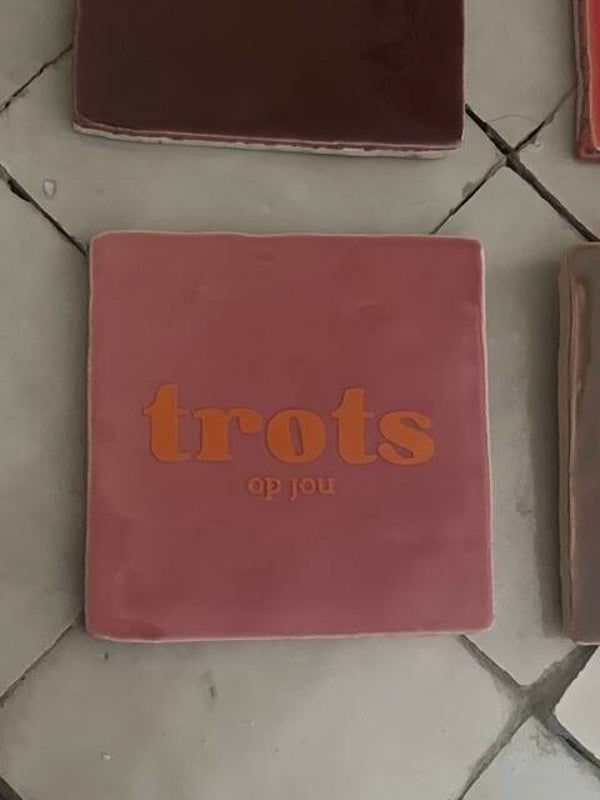 tegeltje "trots op jou" roze met oranje letters