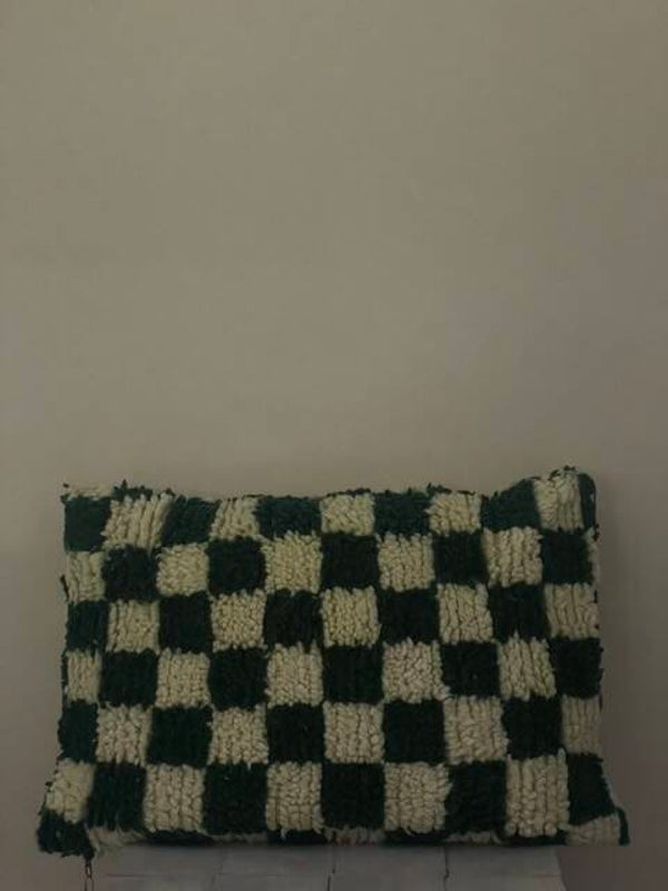 kussen wol blok groen/creme 60x40 cm