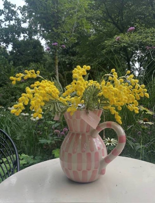waterkan/vaas voor bloemen roze witte streep