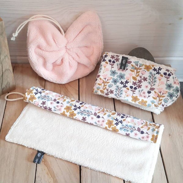 Ensemble 1 Bandeau de soin + 1 Serviette pour le visage + 1 Fleur de douche en éponge de bambou