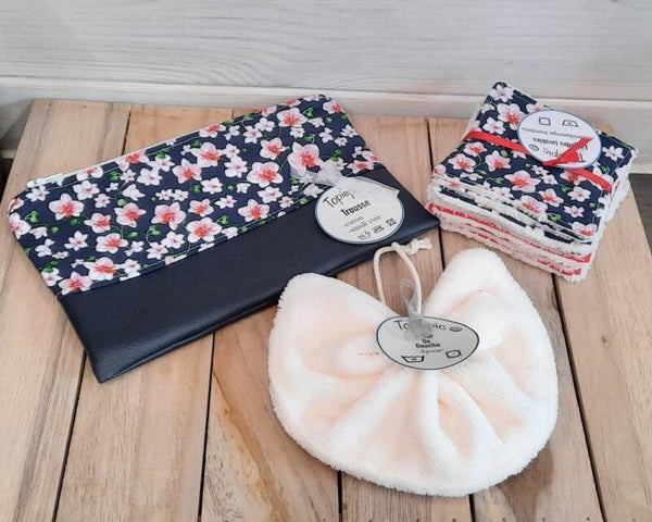 Ensemble 1 trousse a maquillage + 10 lingettes lavables + 1 Fleur de douche en éponge de bambou