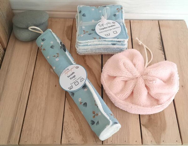Ensemble 1 lot de 10 lingettes lavables + 1 Fleur de douche et une mini serviette visage en éponge de bambou