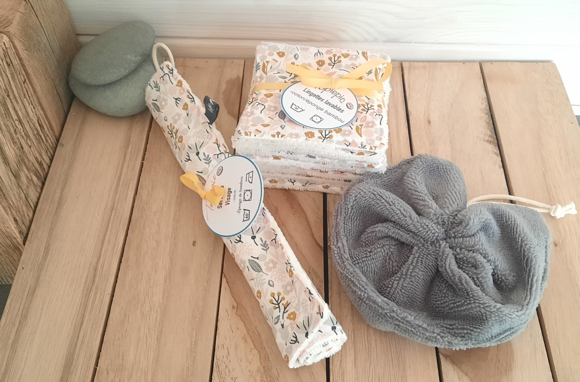 Ensemble 1 lot de 10 lingettes lavables + 1 Fleur de douche et une mini serviette visage en éponge de bambou
