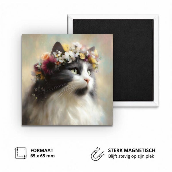 Koelkastmagneet, floral crown cat