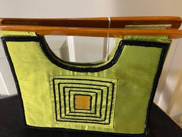 SHIRALEAH Small Handbag Lime Green w/ Black Bead Embroidery Wooden Handles