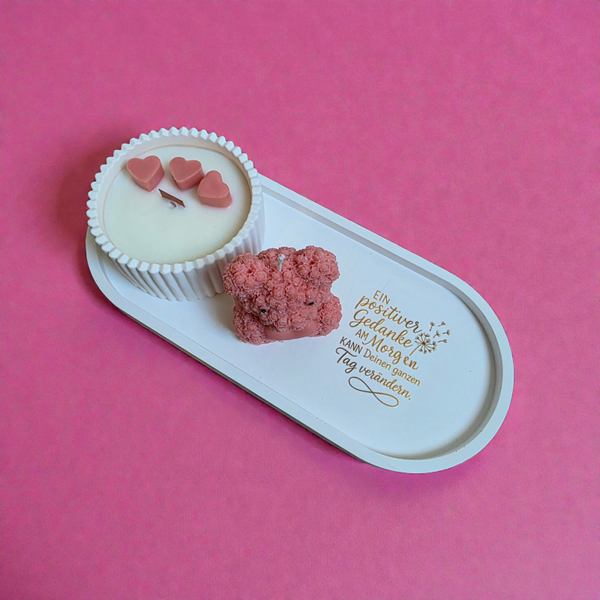 Tablet mit Spruch Duftkerze Erdbeere und Bärchen in Pink
