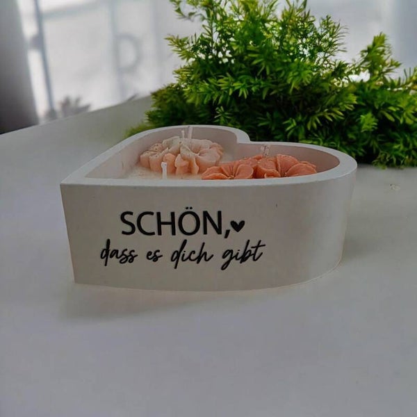 Duftkerze Orange in einer Herzschale weiss mit Spruch