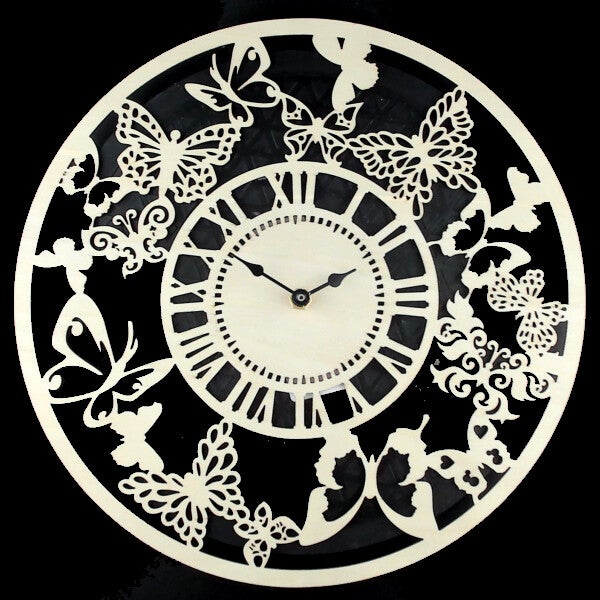 Laser cut clocks in various designs and colours